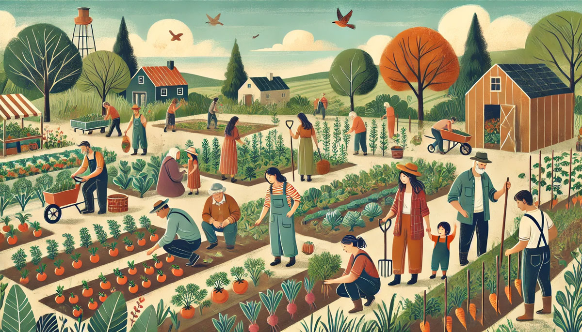 地域の人々が自然栽培の畑で協力しながら作業する温かいイラスト風の風景。大人や子ども、高齢者が笑顔で収穫や種まきを楽しむ様子が描かれ、自然と共生する地域コミュニティの雰囲気を表現。