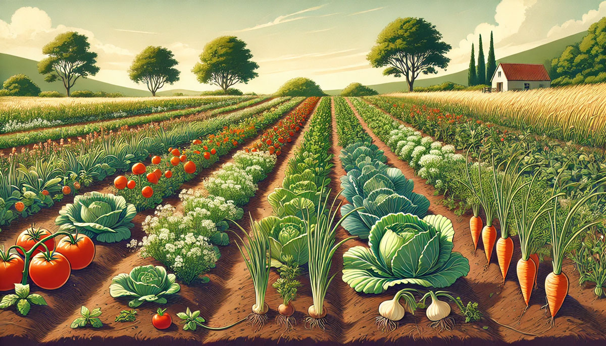 畑で複数の野菜やハーブがバランスよく共生して育つ、自然栽培の風景イラスト。無農薬・無化学肥料のクリーンで穏やかな農園を表現。
