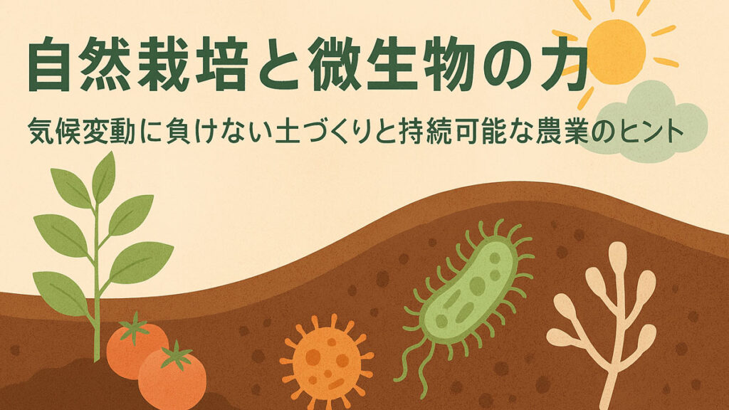 自然栽培における微生物と植物の共生を描いた優しいイラスト。トマトや緑の葉、土中の微生物が描かれ、気候変動にも強い畑のイメージを表現している。