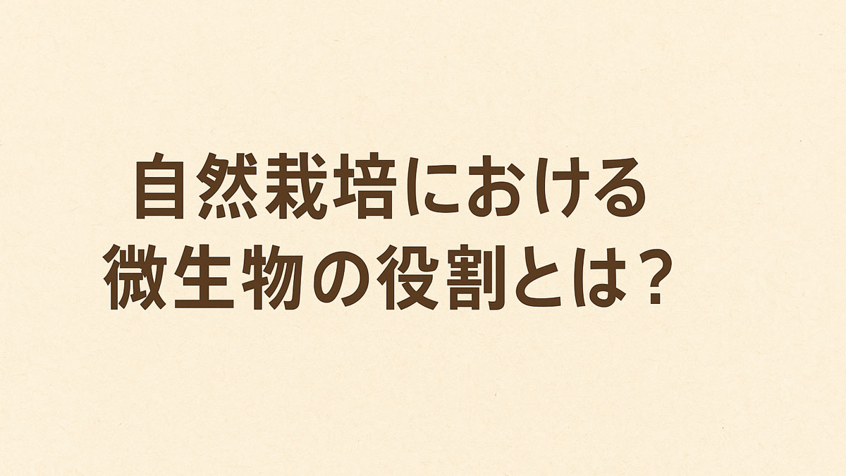 「自然栽培における微生物の役割とは？」という日本語の質問が中央に配置された、ナチュラルな雰囲気のイラスト画像。背景は淡い紙の質感で、優しい印象を与える。