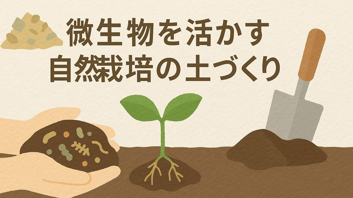 「微生物を活かす自然栽培の土づくり」という日本語テキストが中央に配置されたイラスト。手に持った土と微生物、若い苗、コンポスト、スコップが描かれ、優しいナチュラルな雰囲気で表現されている。
