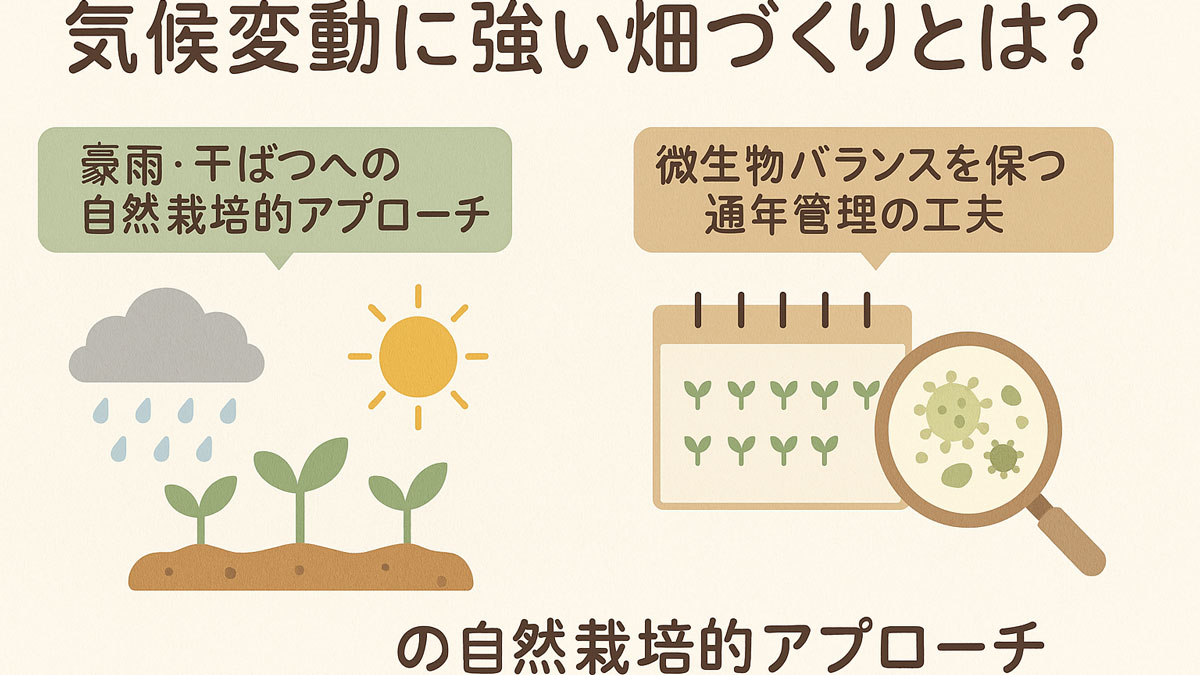 「気候変動に強い畑づくりとは？」をテーマにした日本語のインフォグラフィック。自然栽培や微生物バランスの管理などがやさしい配色で図示されている。