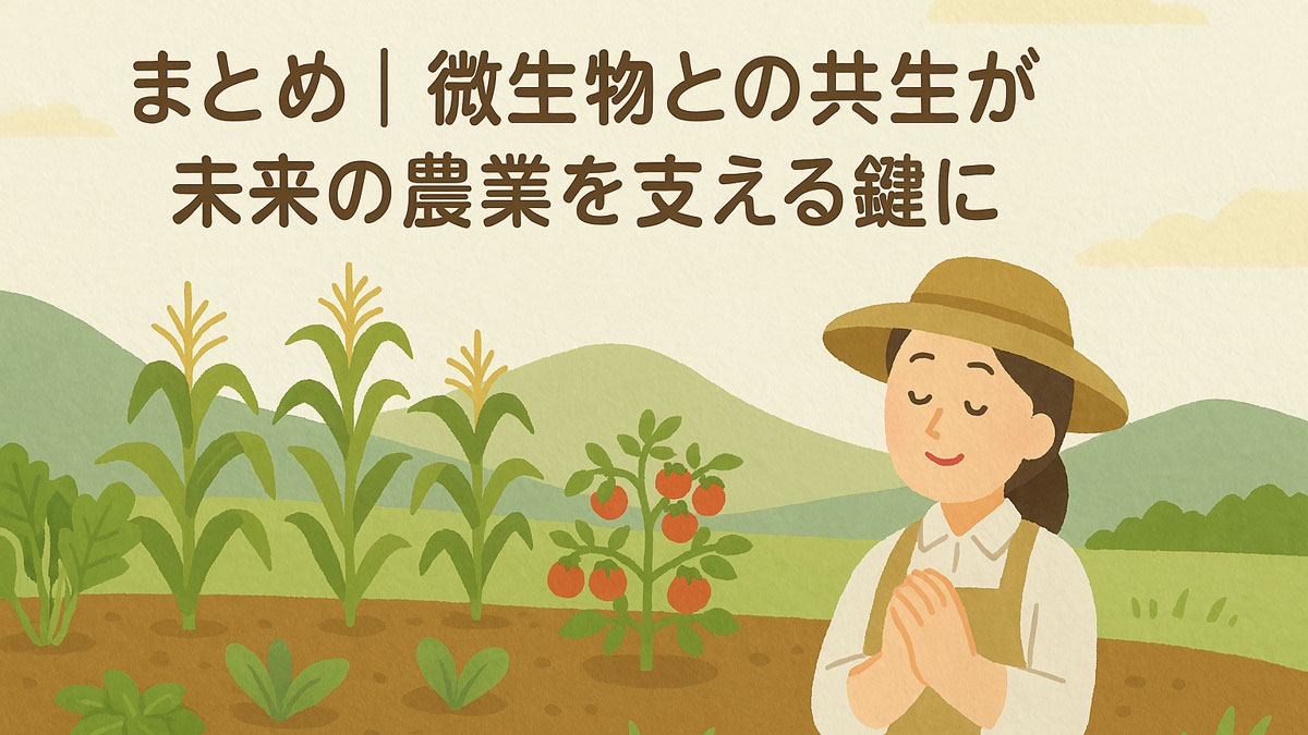 「まとめ｜微生物との共生が未来の農業を支える鍵に」という日本語テキストとともに、女性農家と緑豊かな畑が描かれたイラスト。自然と調和した農業の未来を優しく表現している。