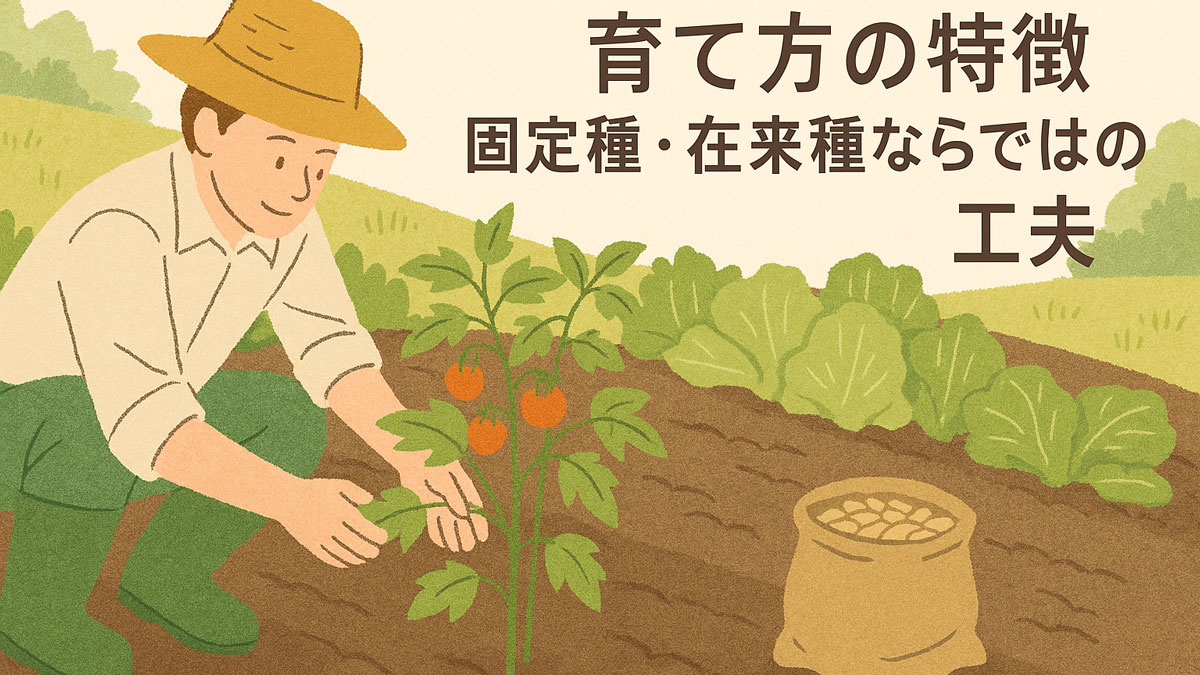 固定種・在来種の野菜を育てる農家の穏やかな作業風景を描いたイラスト。「育て方の特徴｜固定種・在来種ならではの工夫」という日本語テキストが右寄せで配置され、ナチュラルで優しい雰囲気に仕上がっている。