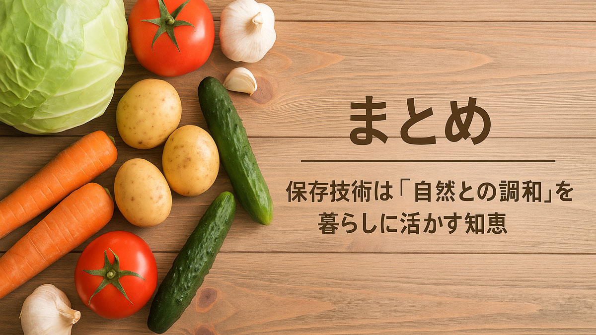 キャベツ、にんじん、トマト、じゃがいも、きゅうり、にんにくなどの自然栽培野菜が木のテーブルに並び、右寄りに「まとめ｜保存技術は『自然との調和』を暮らしに活かす知恵」という日本語テキストが配置された画像。落ち着いたナチュラルな配色と優しい雰囲気。