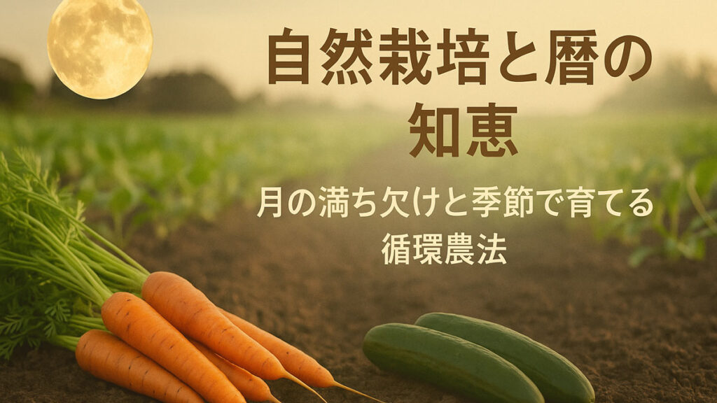 満月の下で収穫されたにんじんときゅうりが畑に並ぶ風景に、「自然栽培と暦の知恵|月の満ち欠けと季節で育てる循環農法」のテキストが右寄せで配置されたナチュラルなアイキャッチ画像。