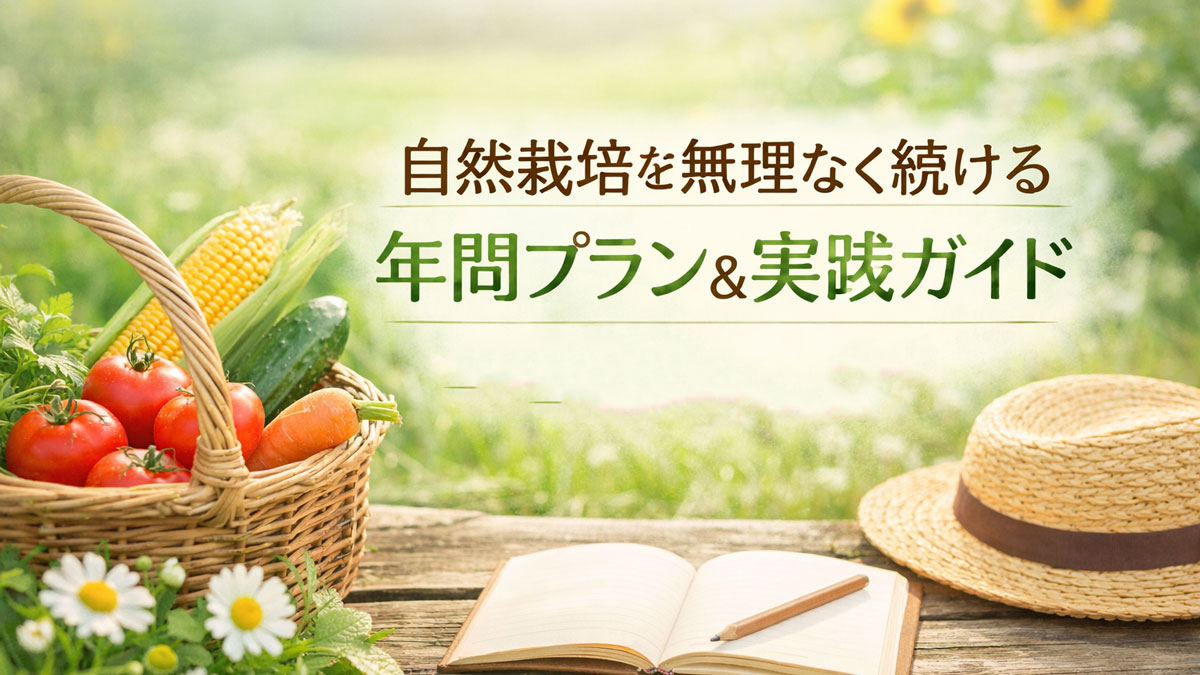 自然栽培を無理なく続けるための年間プランをイメージした畑の風景。収穫した野菜とかご、ノートと帽子が置かれ、春夏秋冬の流れを感じさせる優しい雰囲気のアイキャッチ画像