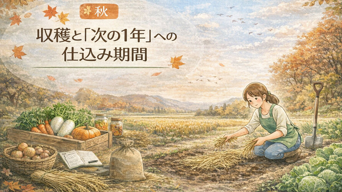自然栽培の秋の役割を表した図解。収穫した作物を振り返りながら、次の1年に向けて畑を整える様子を、やさしい秋色の畑のイラストで表現している