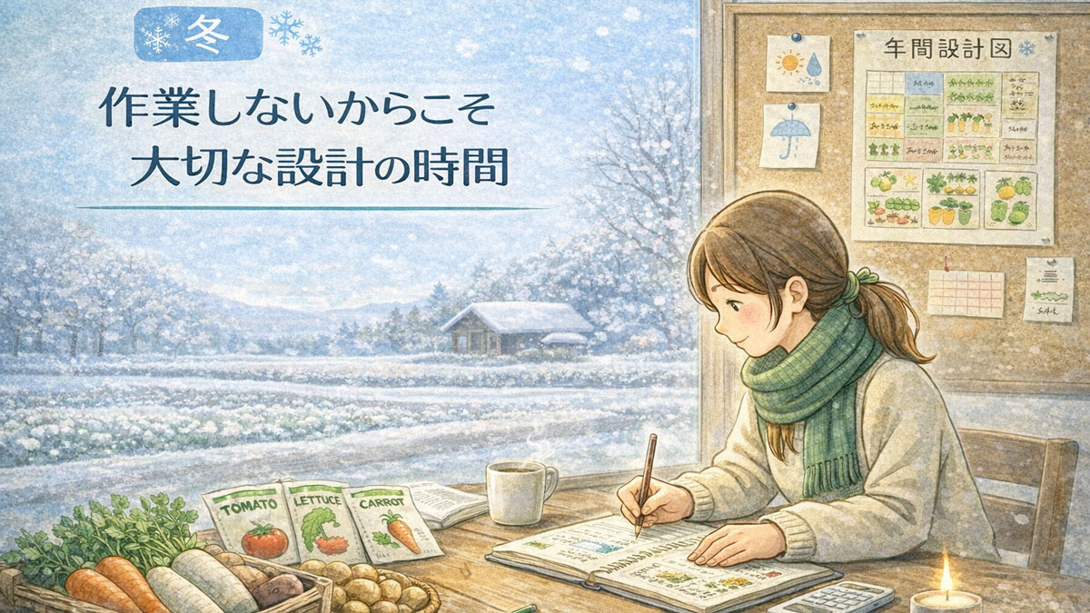 自然栽培の冬の過ごし方を表した図解。雪景色の外を眺めながら、来季の計画をノートにまとめる様子を通して、作業しない冬が設計の時間であることをやさしい雰囲気で示している