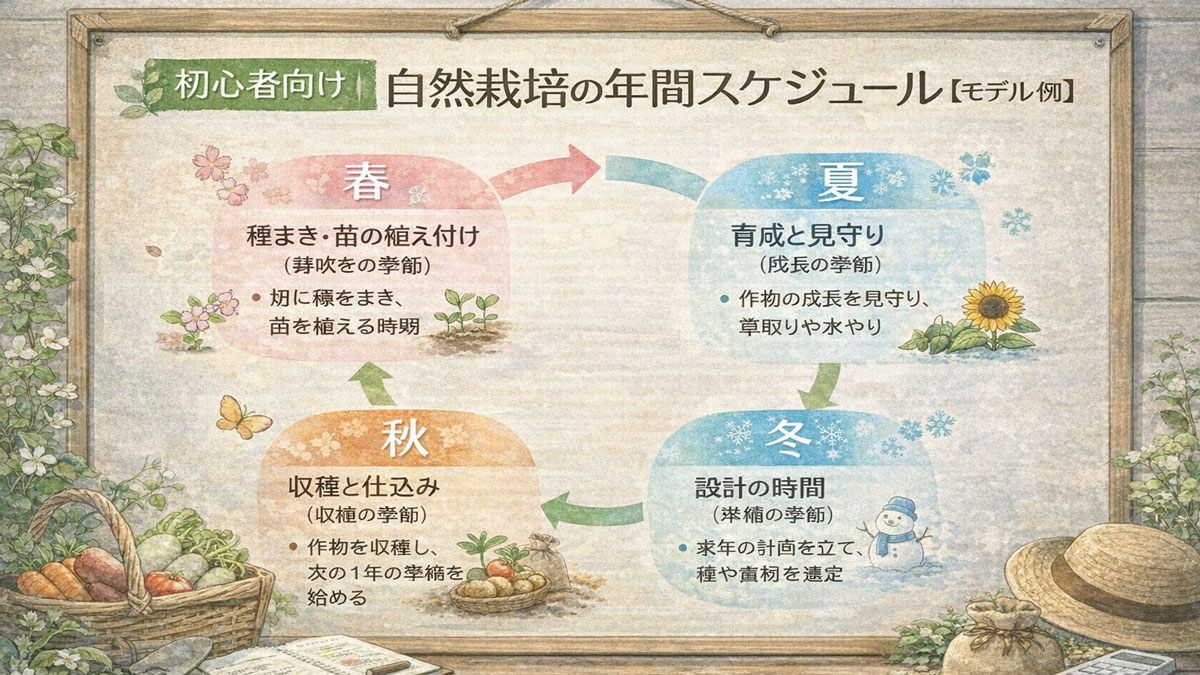 初心者向けに自然栽培の年間スケジュールをまとめた図解。春夏秋冬それぞれの役割と考え方を、季節の作物やイラストとともにやさしく示している