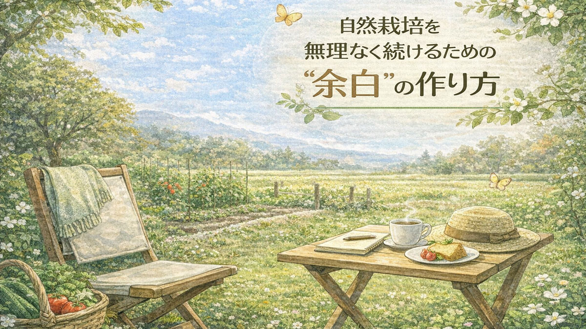 自然栽培を無理なく続けるための余白を表したイメージ。畑のそばで椅子とテーブルに腰掛け、休憩しながら自然と向き合う穏やかな時間を、やさしい色合いで描いている