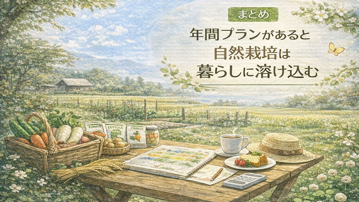 自然栽培の年間プランが暮らしに溶け込む様子を表したまとめ用イメージ。年間計画ノートと収穫した野菜を前に、畑と生活が自然につながる穏やかな風景をやさしい色合いで描いている