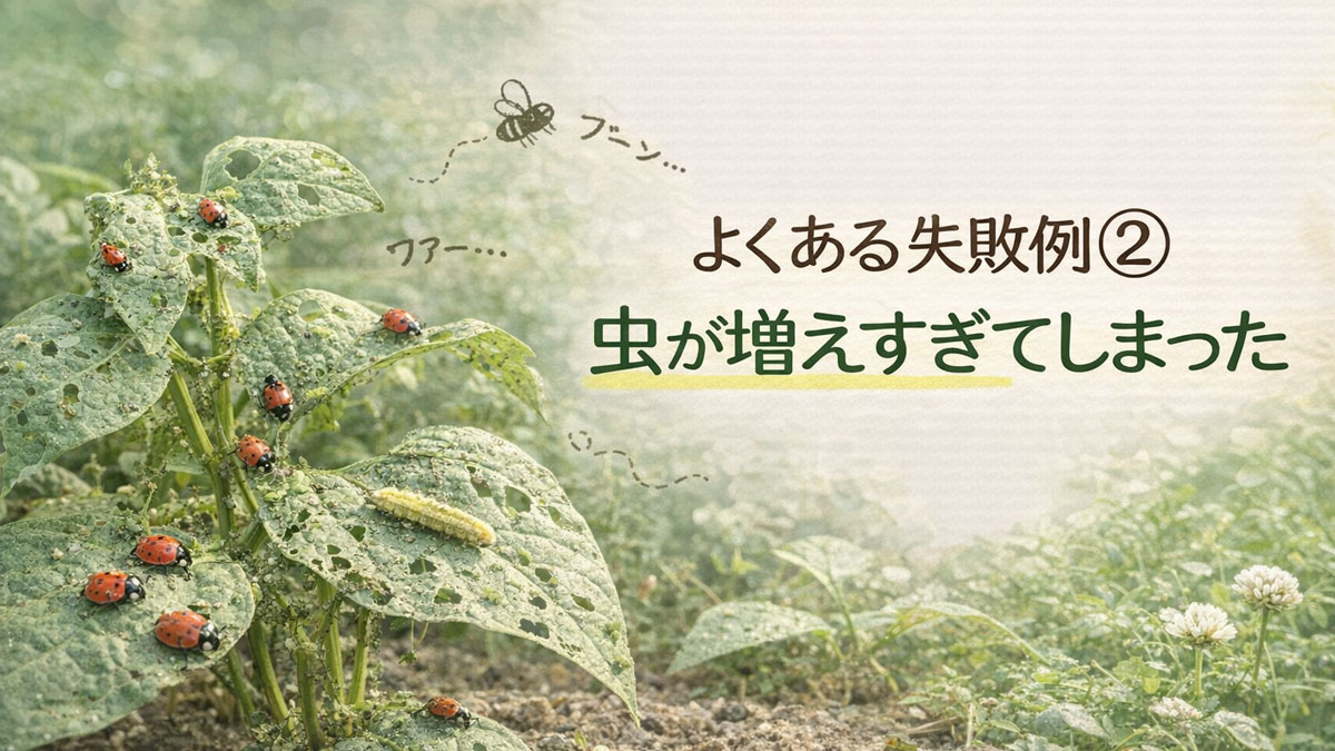 自然栽培で虫が増えすぎてしまった失敗例を示す画像。葉を食害する虫やてんとう虫が集まった野菜を背景に、「よくある失敗例② 虫が増えすぎてしまった」という文字を配置したナチュラルな解説用ビジュアル