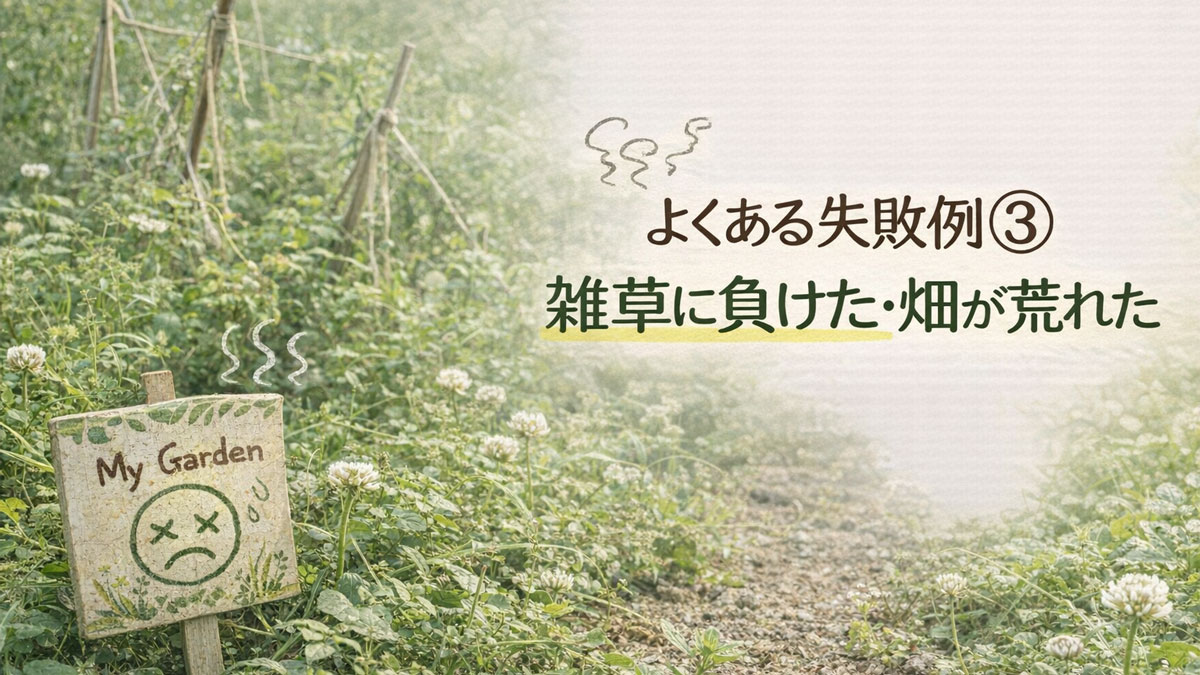 自然栽培で雑草に負けて畑が荒れてしまった失敗例を表した画像。雑草に覆われた畑と管理が行き届かない様子を背景に、「よくある失敗例③ 雑草に負けた・畑が荒れた」という文字を配置したナチュラルな解説用ビジュアル