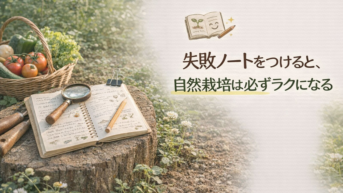 自然栽培の畑で失敗ノートをつける様子を表した画像。畑のそばに置かれたノートとペン、収穫した野菜を背景に、「失敗ノートをつけると自然栽培は必ずラクになる」という文字を配置したナチュラルで優しい雰囲気の解説ビジュアル